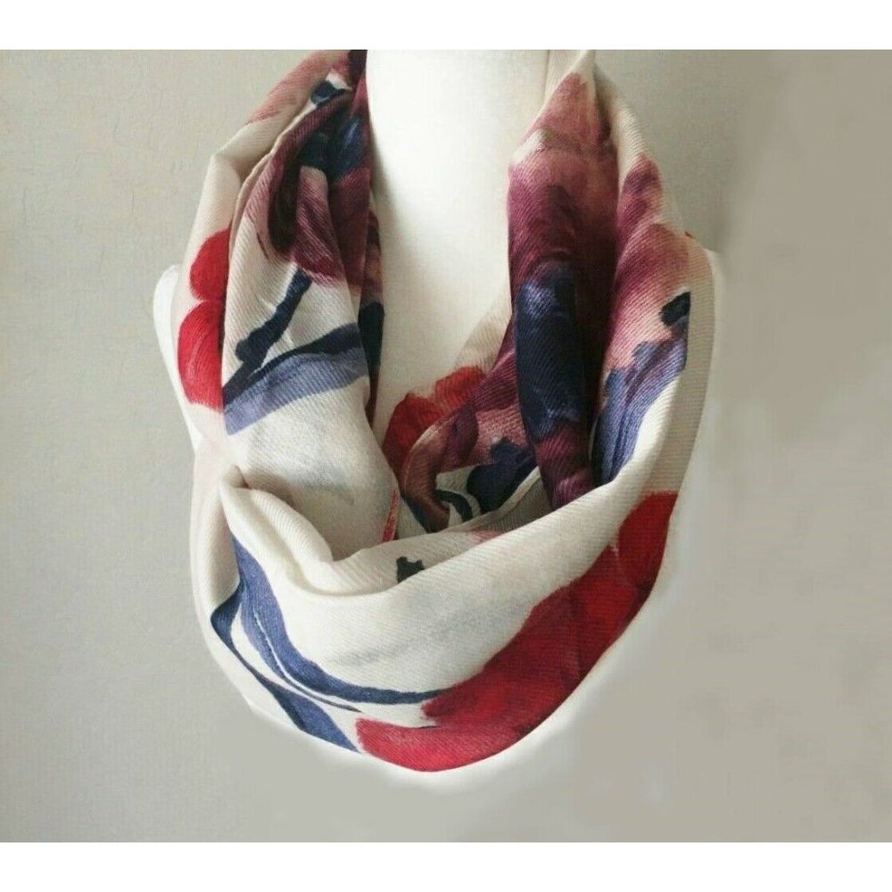 J Jill Infinity Scarf Beige Magenta Blue Print NEW Dahlias Floral Lightweight